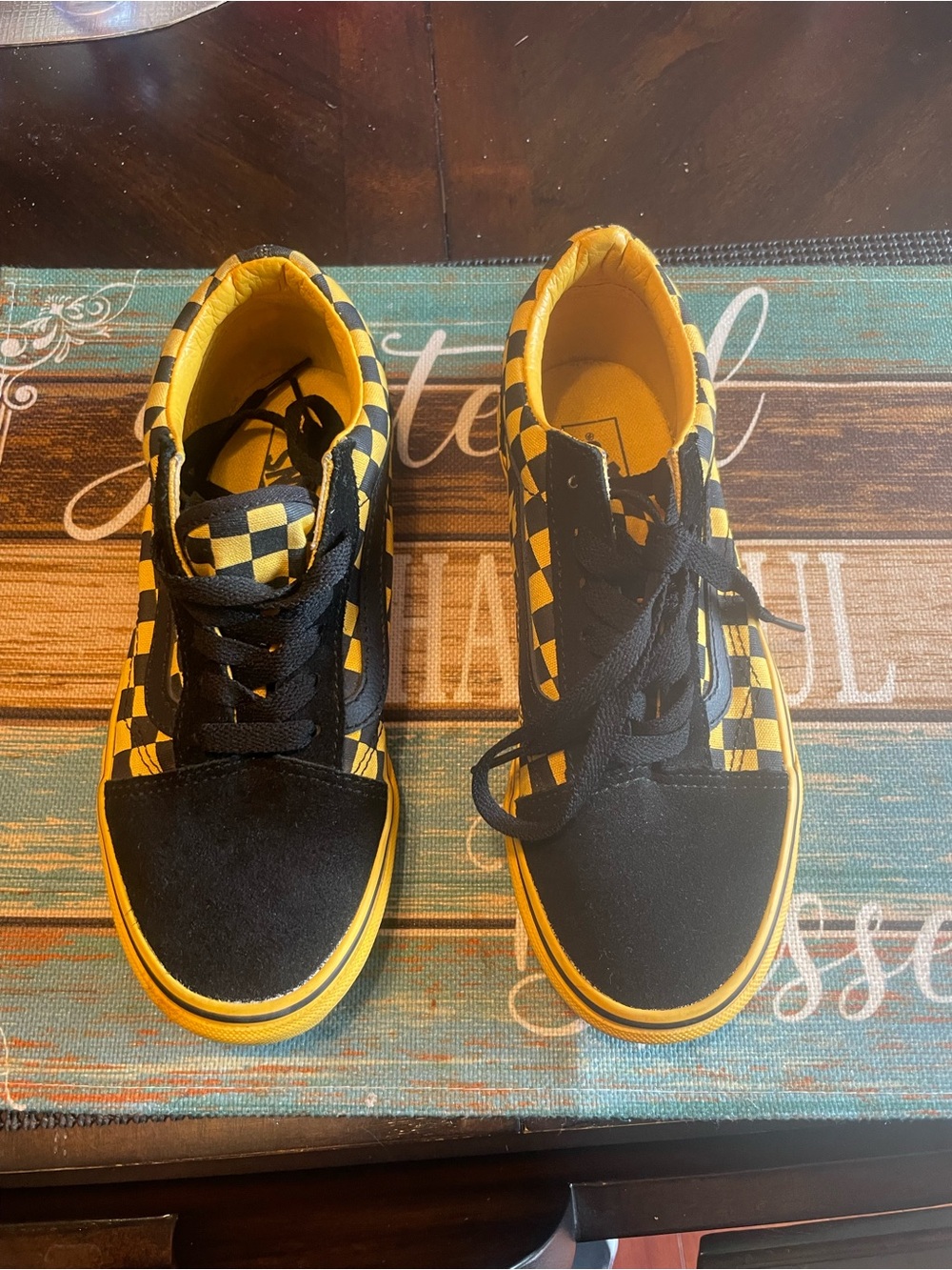 Kids Black & Yellow Checkerboard Skate Shoes VN08388BTKF